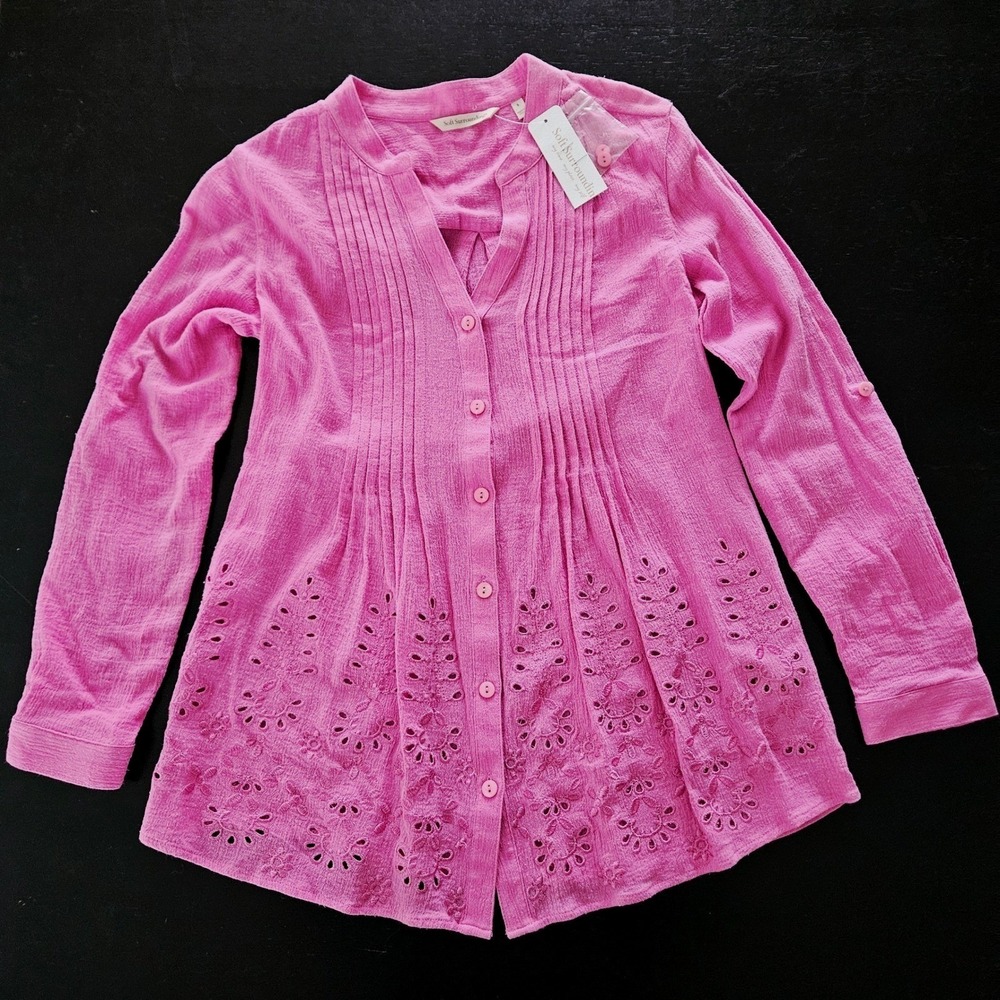 Soft Surroundings Women Pink Glam Gauze Eyelet Button Shirt S Boho Resortwear